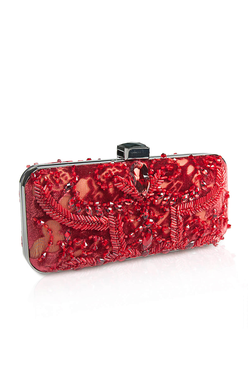 Beaded Cut Velvet Box Clutch in Carmine