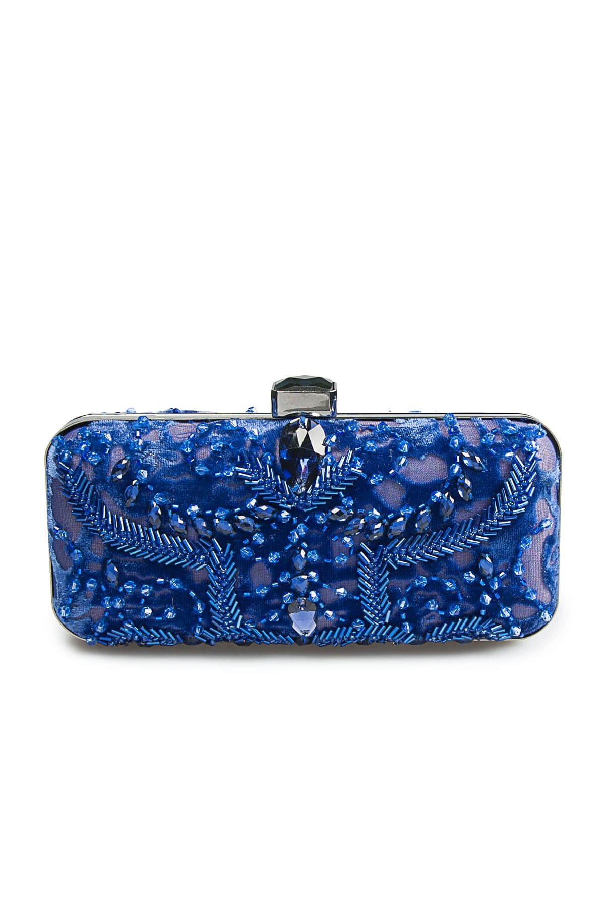 Beaded Cut Velvet Box Clutch in Jewel
