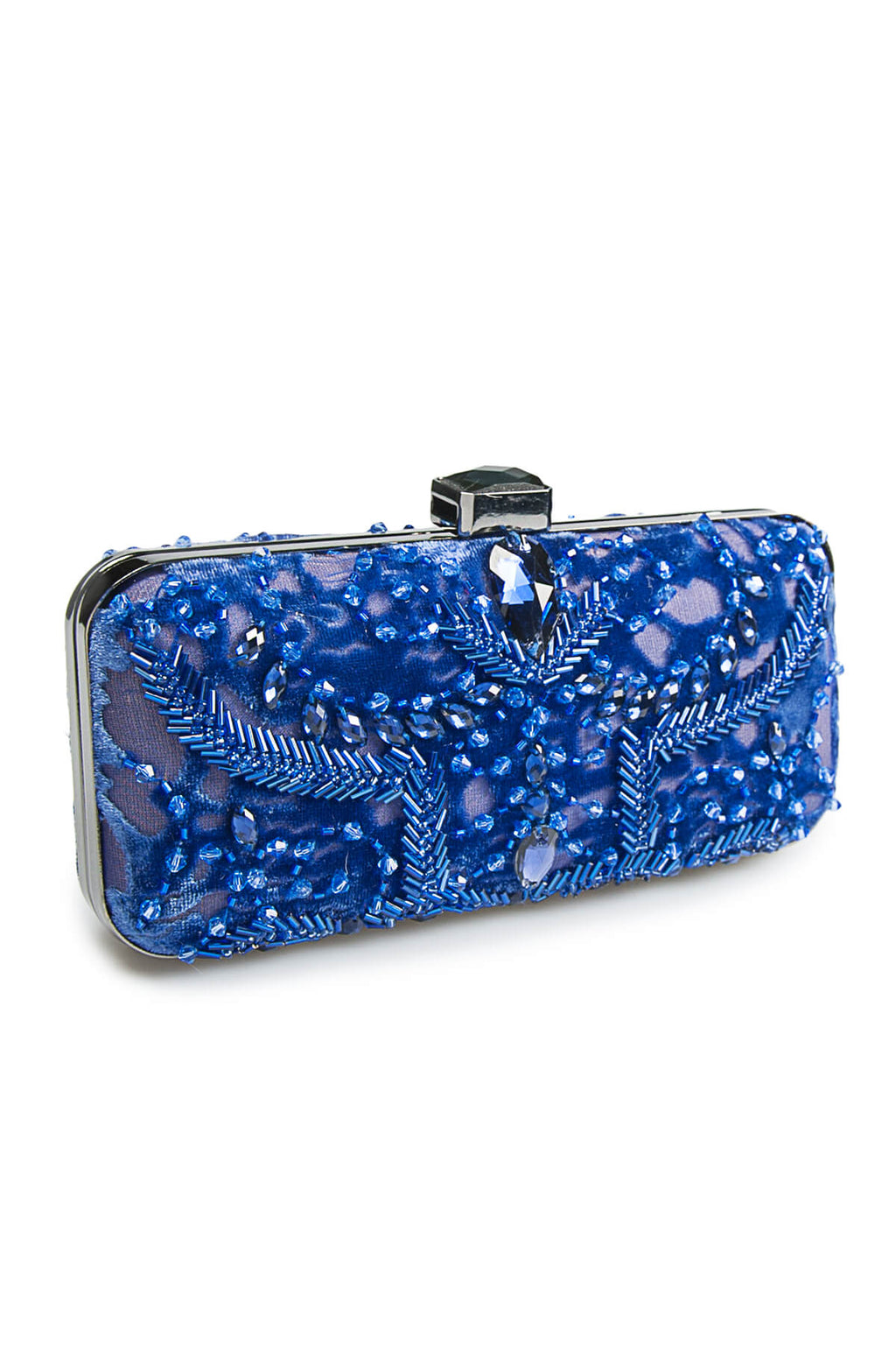 Beaded Cut Velvet Box Clutch in Jewel