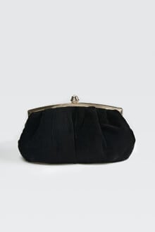 Pleated Washed Velvet Top-Frame Clutch in Black