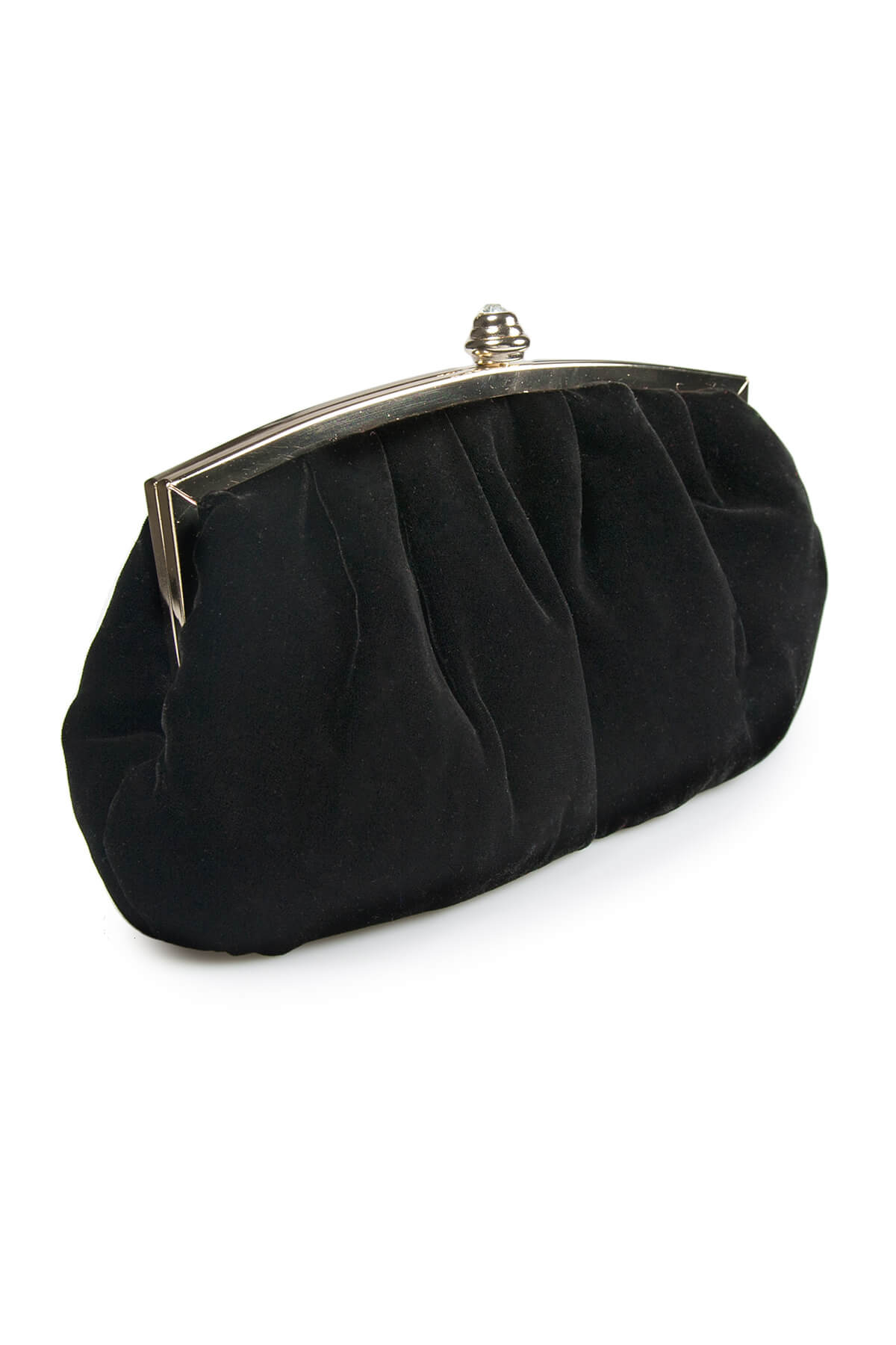 Pleated Washed Velvet Top-Frame Clutch in Black