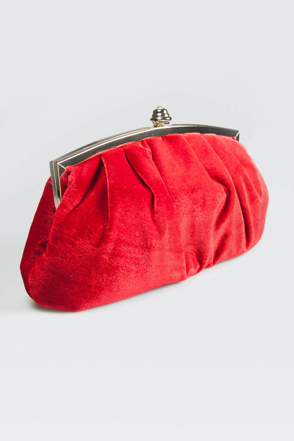 Pleated Washed Velvet Top-Frame Clutch in Carmine