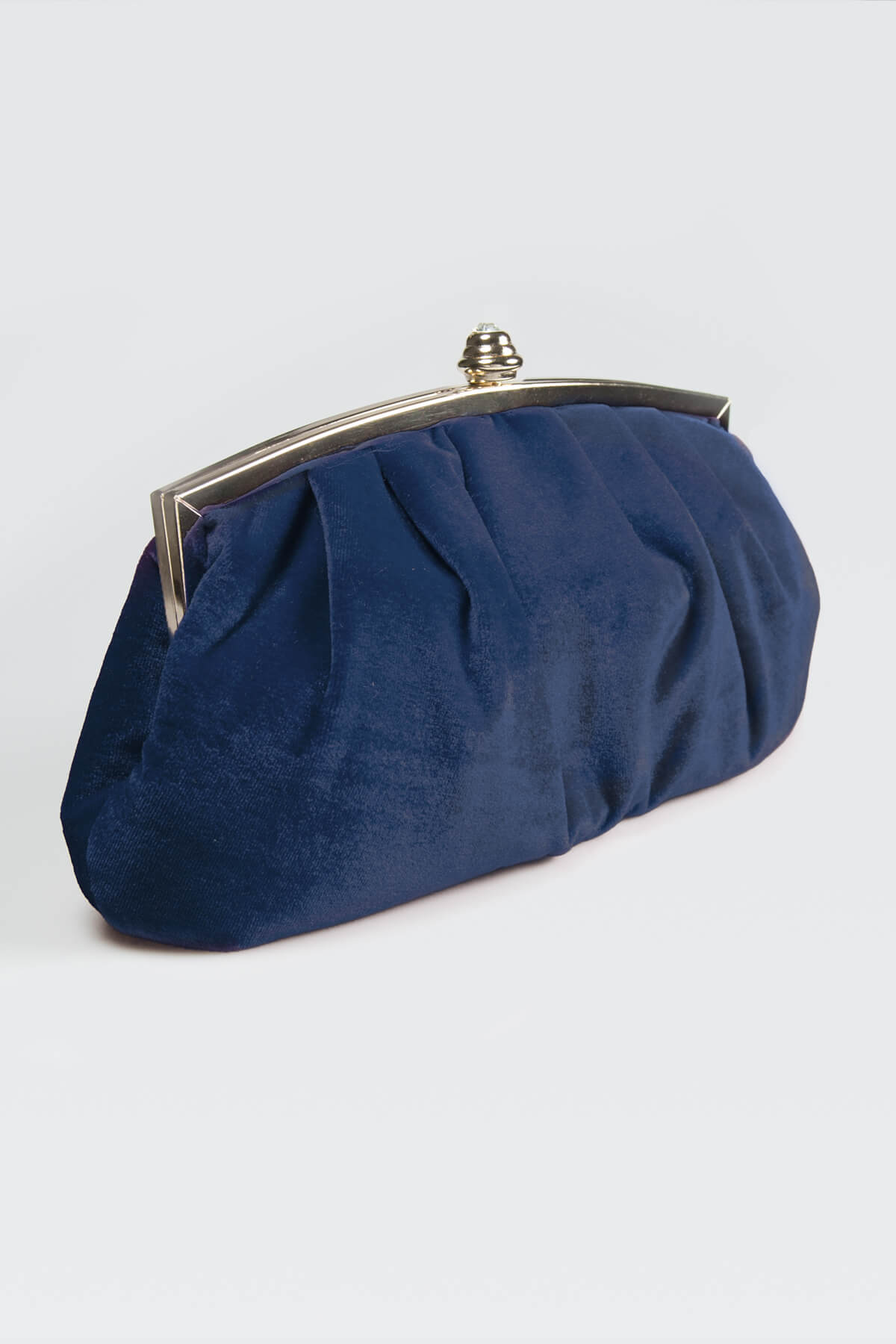 Pleated Washed Velvet Top-Frame Clutch in Dusty Navy