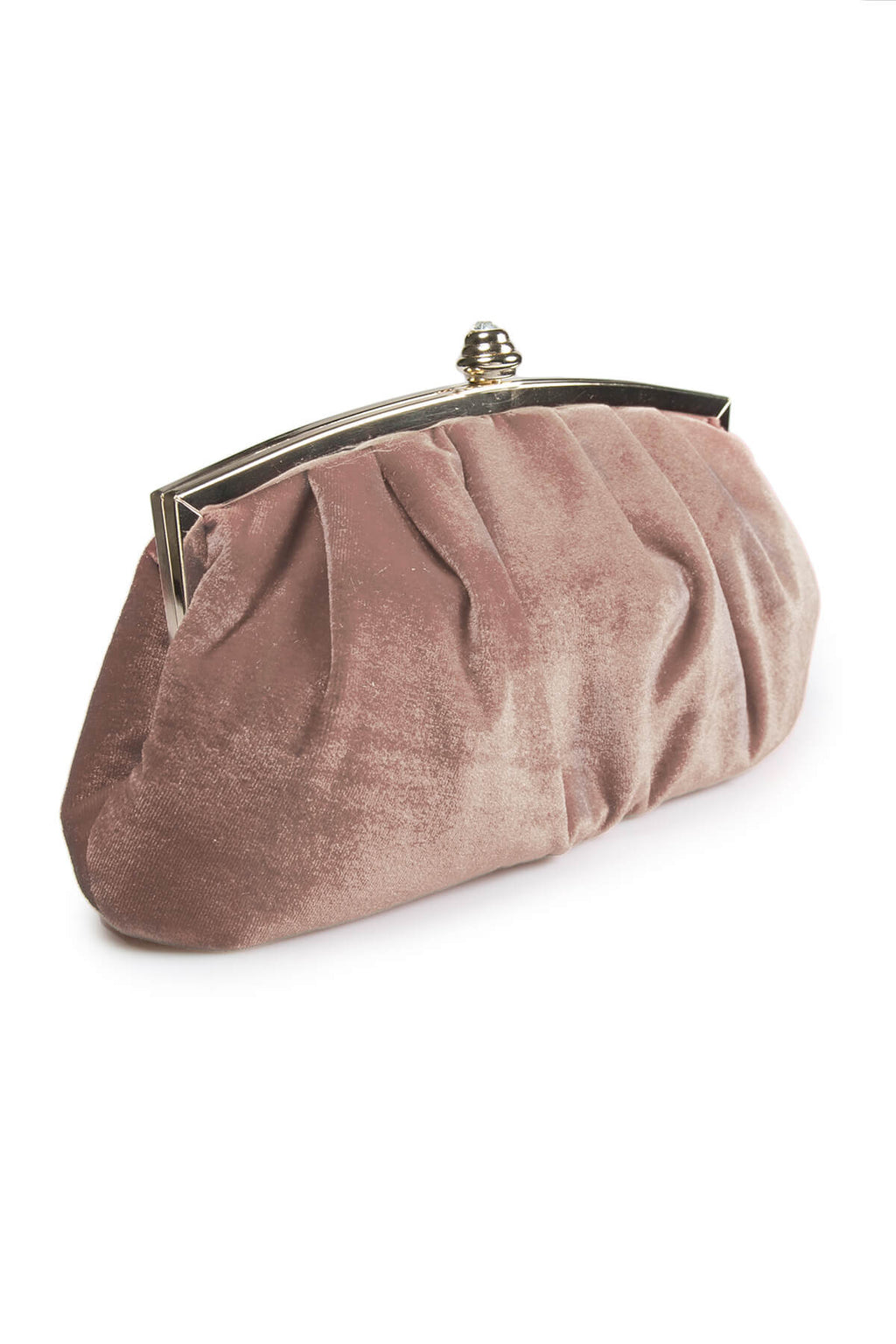 Pleated Washed Velvet Top-Frame Clutch in Rose Taupe