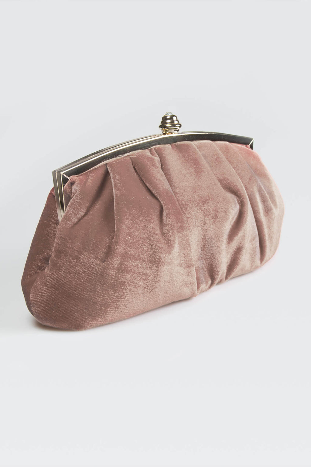 Pleated Washed Velvet Top-Frame Clutch in Rose Taupe