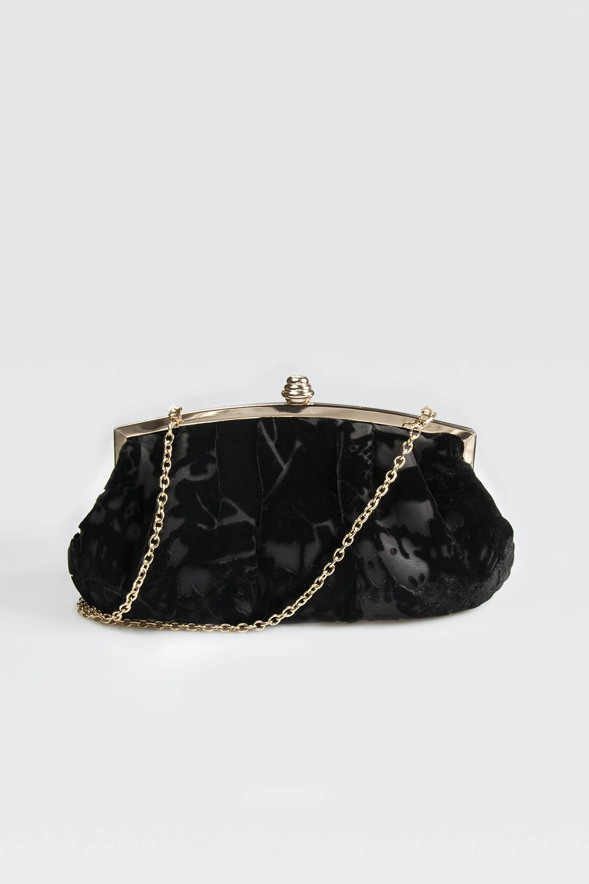 Pleated Cut Velvet Top-Frame Clutch in Black