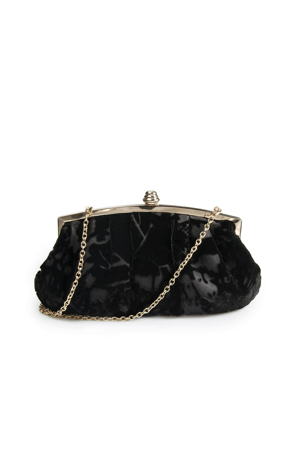 Pleated Cut Velvet Top-Frame Clutch in Black