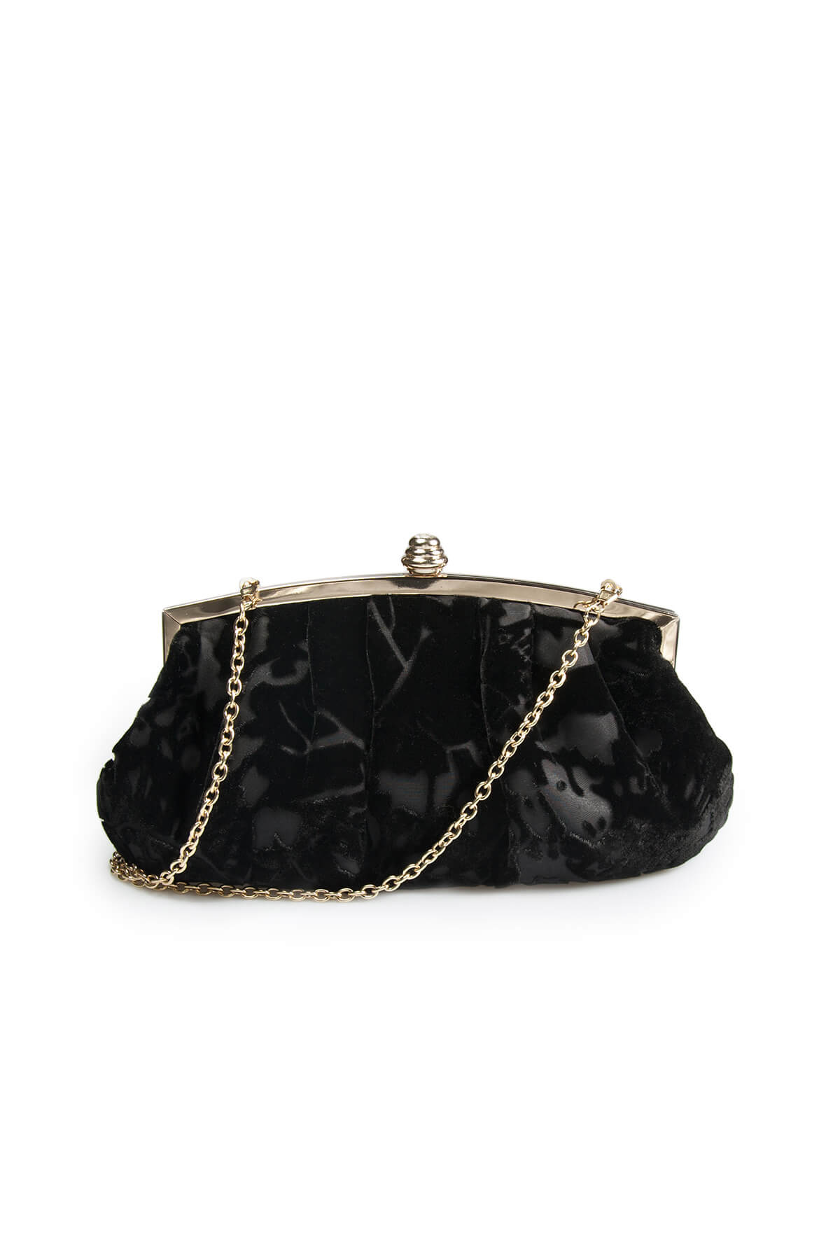 Pleated Cut Velvet Top-Frame Clutch in Black