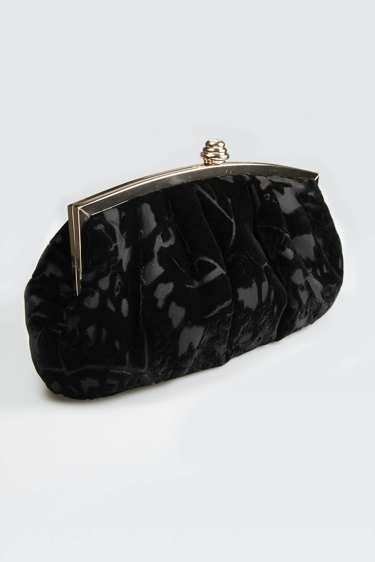Pleated Cut Velvet Top-Frame Clutch in Black