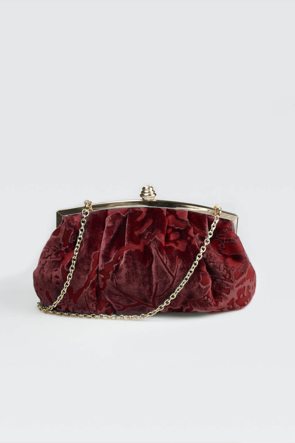 Pleated Cut Velvet Top-Frame Clutch in Carmine