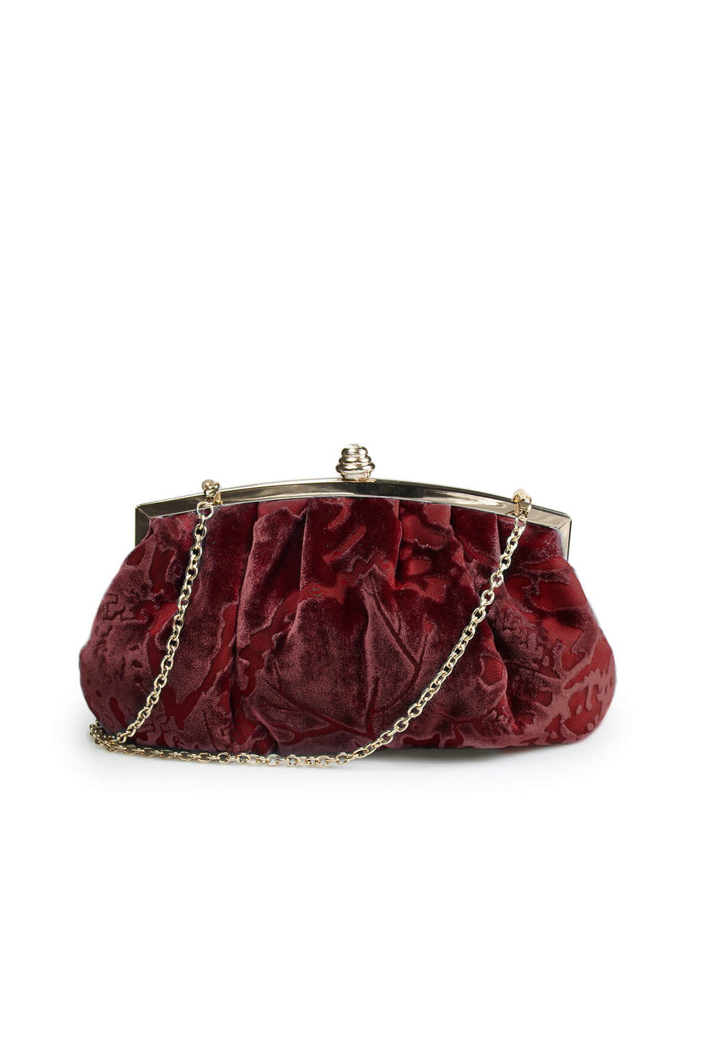 Pleated Cut Velvet Top-Frame Clutch in Carmine