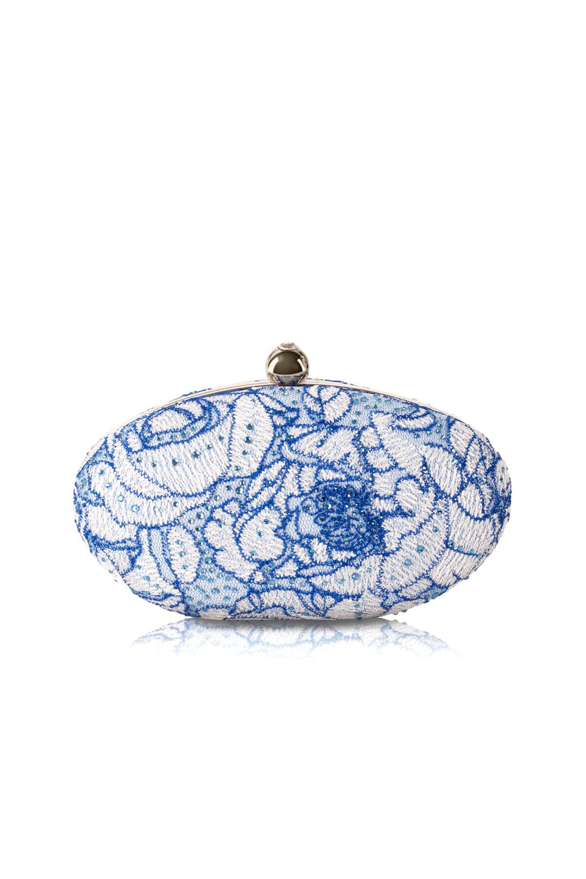Rose-Motif Embroidered Tulle Oval Clutch