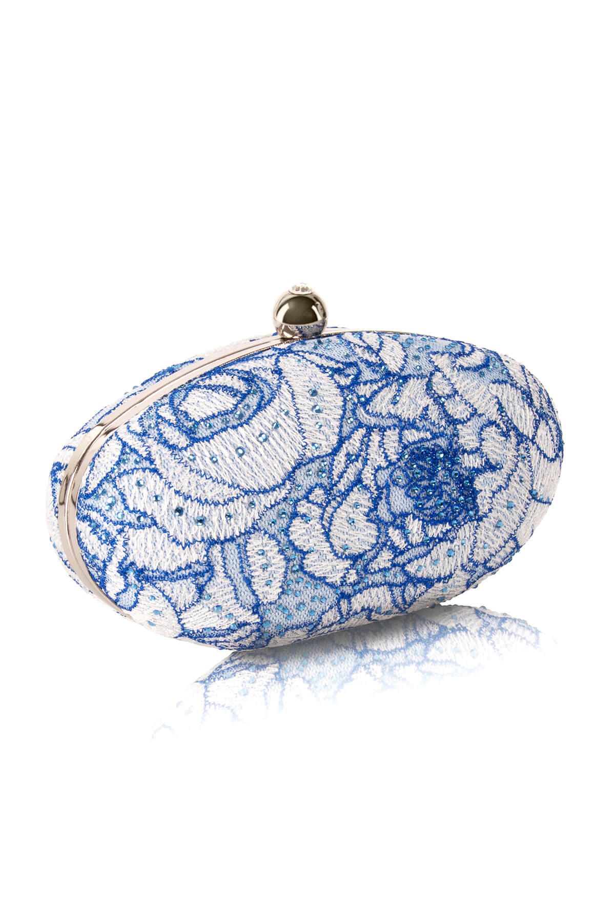 Rose-Motif Embroidered Tulle Oval Clutch