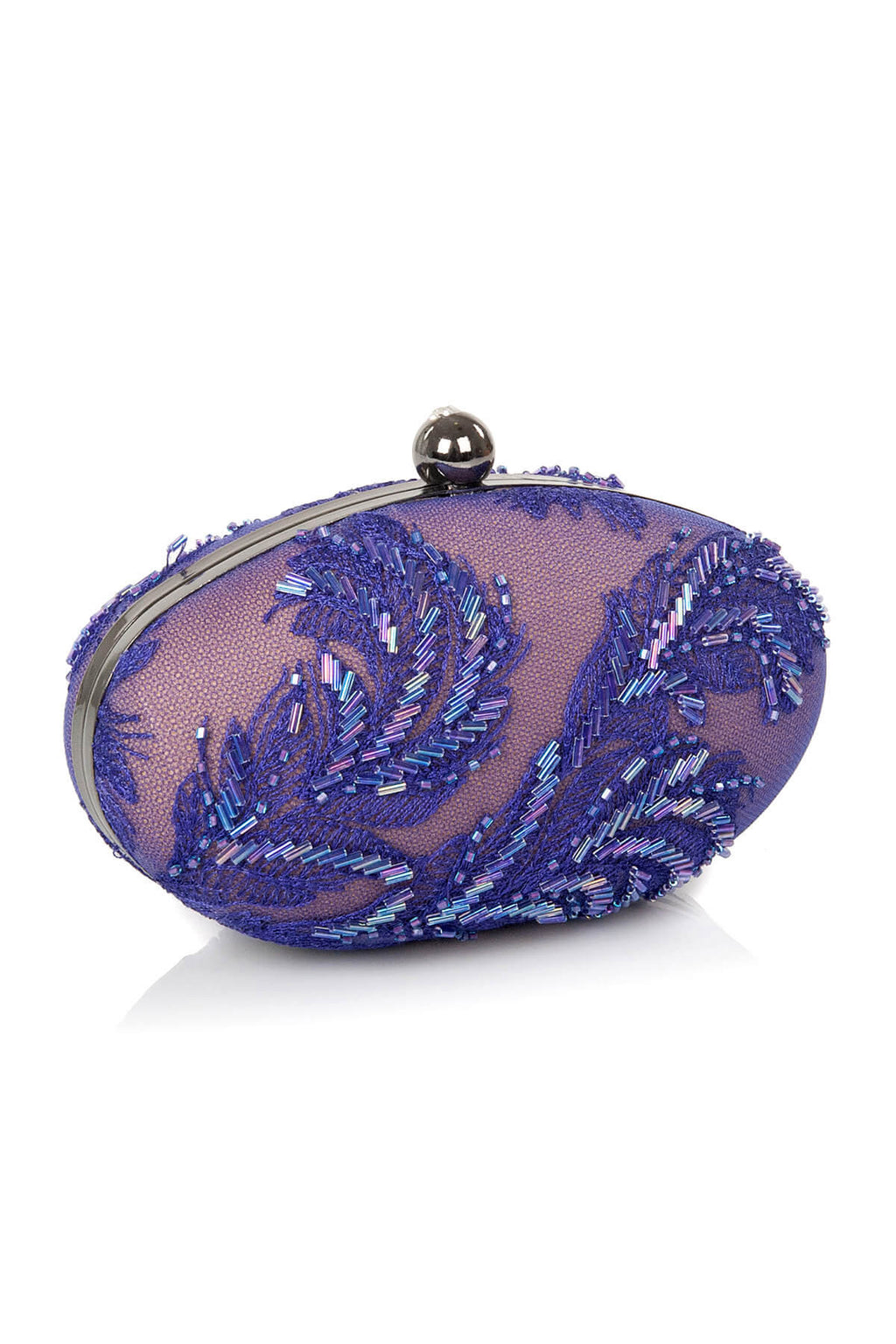 Beaded Feather-Motif Oval Clutch