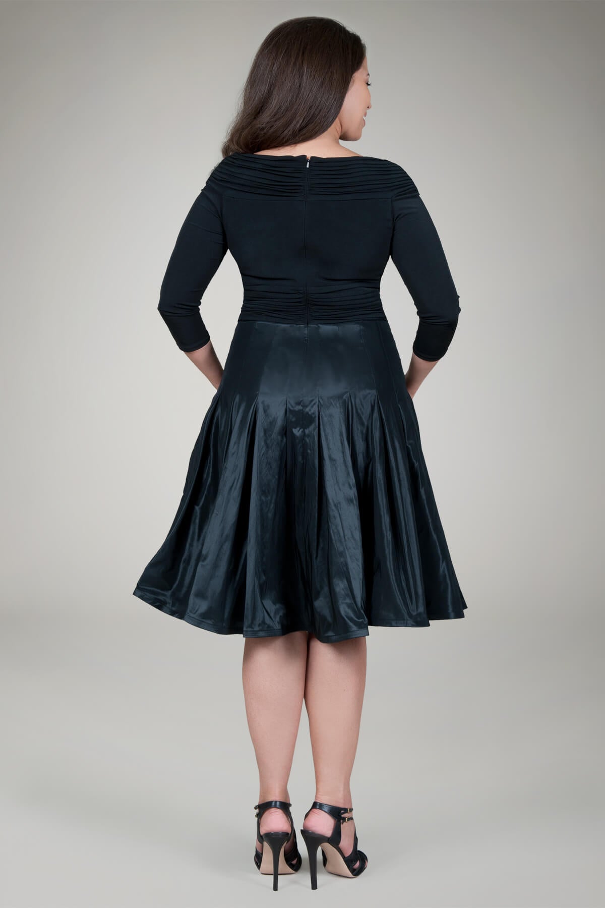 Pleated V-Neck Cocktail Dress in Black