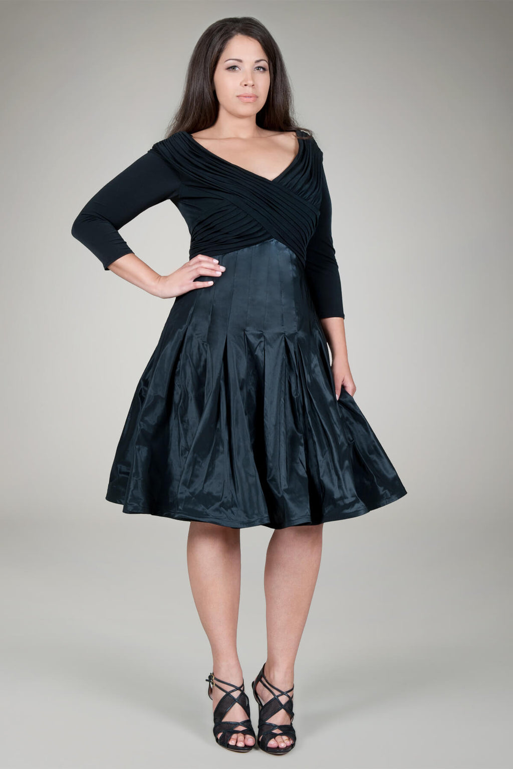 Pleated V-Neck Cocktail Dress in Black