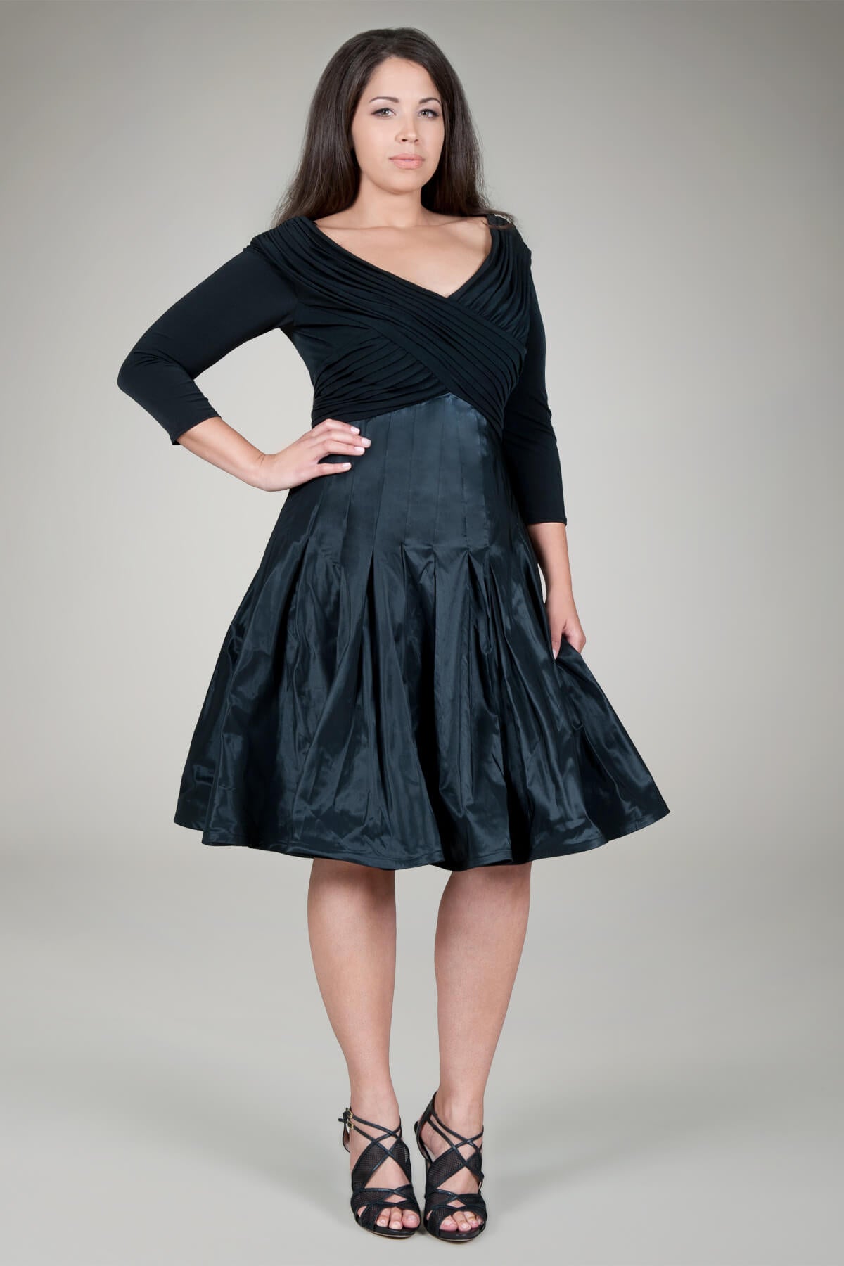 Pleated V-Neck Cocktail Dress in Black