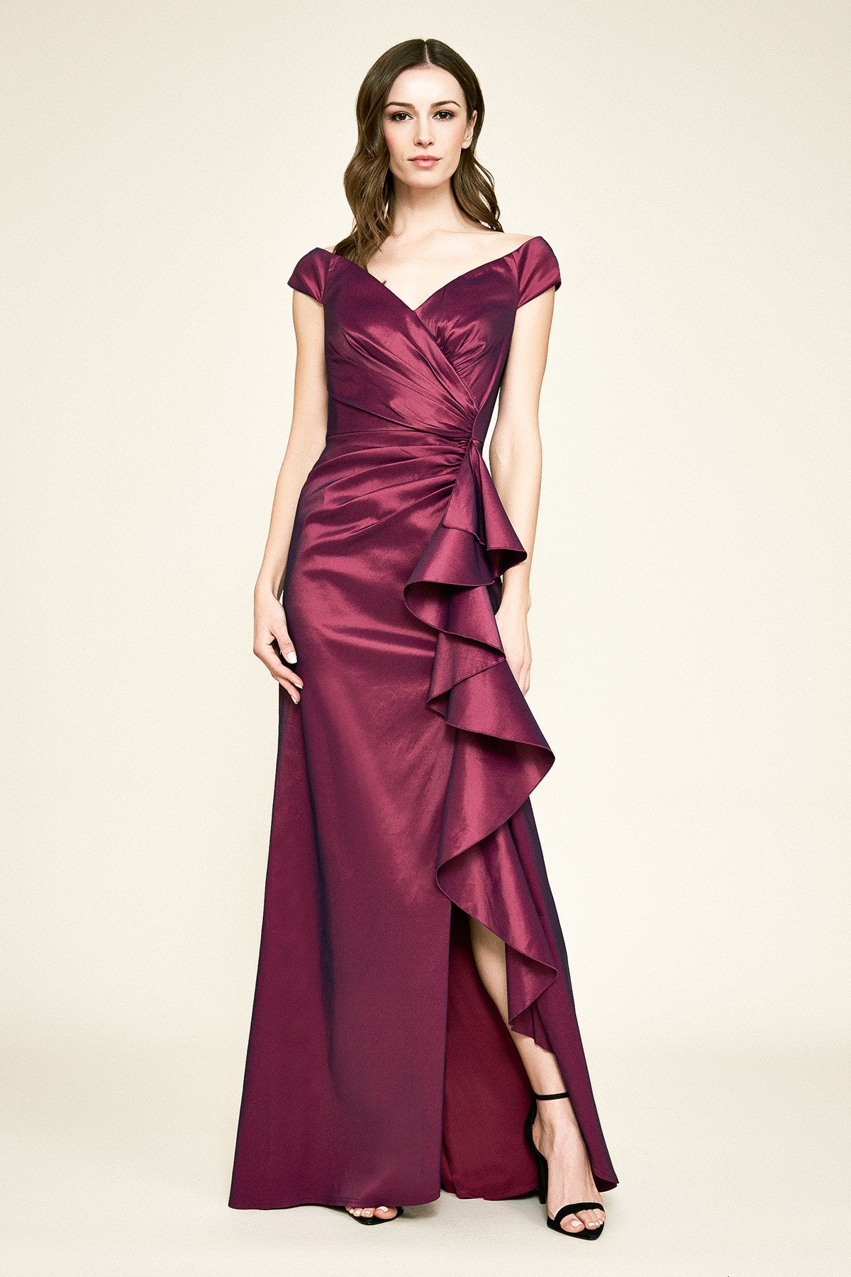 off shoulder taffeta dress Valery Off-The-Shoulder Gown – Tadashi Shoji Official Online Boutique shoulder bridal look Color:Thyme Green horses V Neck Black Cocktail