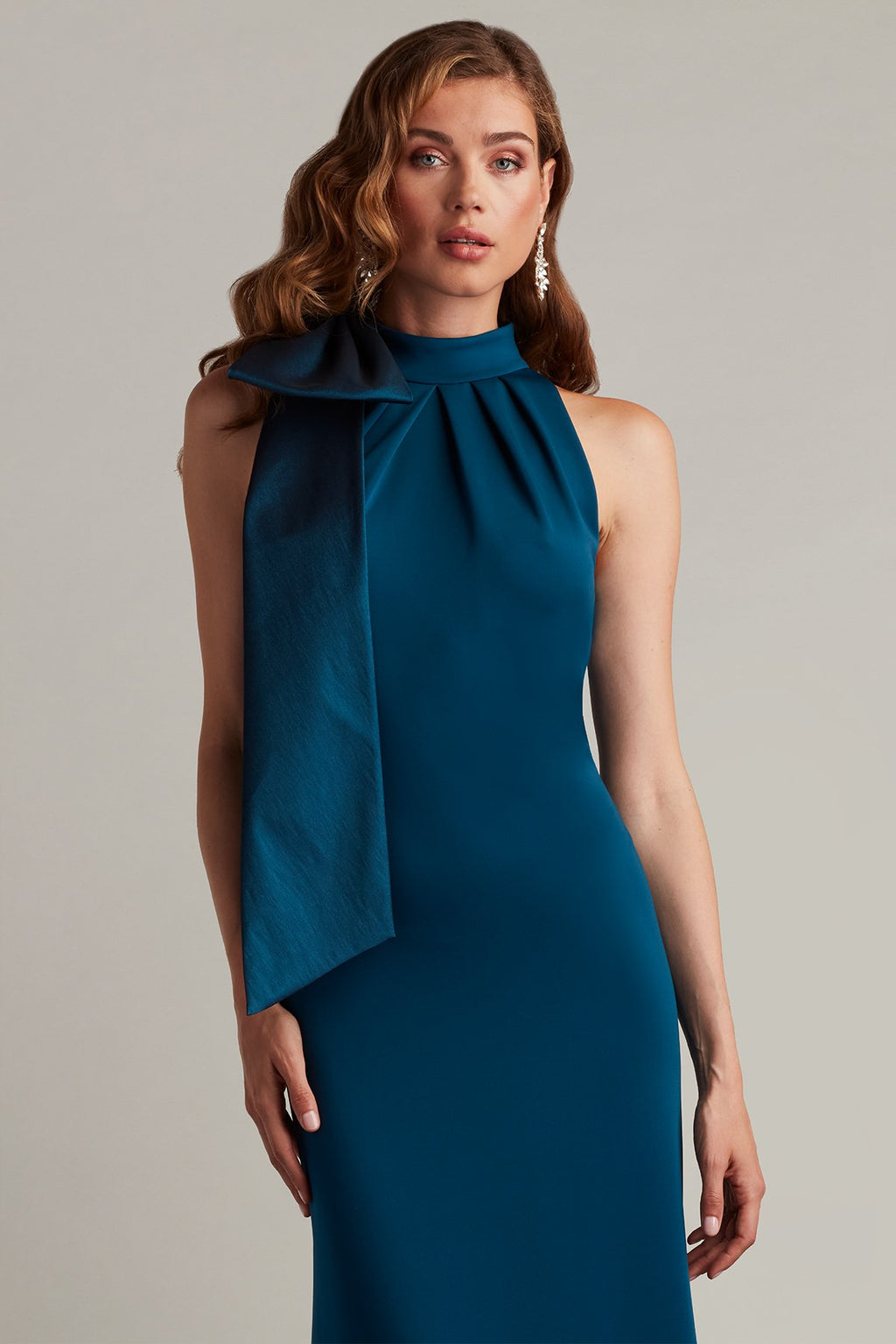 Sims Taffeta Shoulder Bow Halter Gown