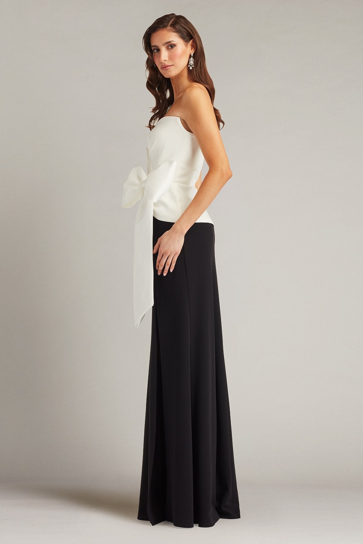 oversized bow dress Big Energy Maxi - Black/White aptivating black maxi gown fully covered with shiny rhinestones BIRENEROBE Removable Big Bow Train