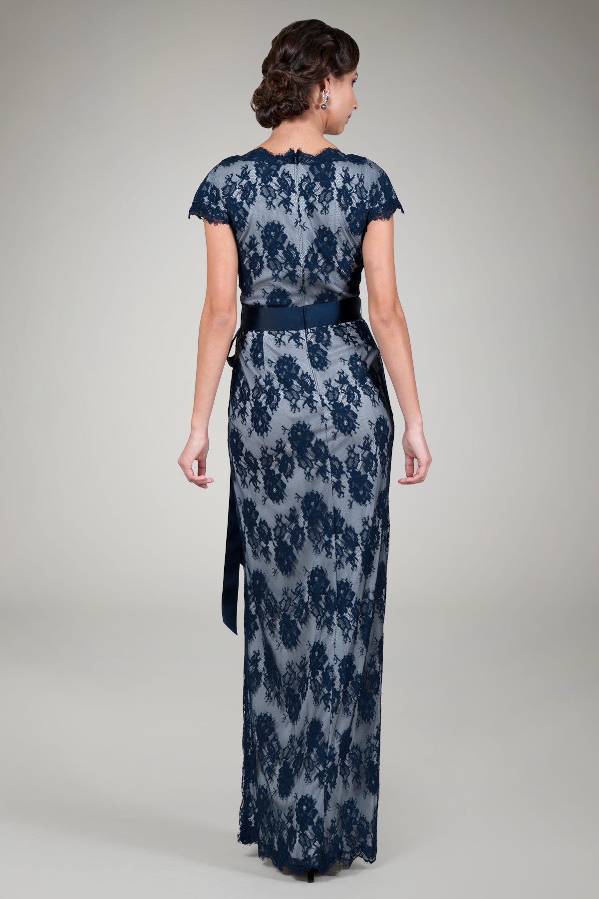 Cap Sleeve Lace Gown in Navy / Silver