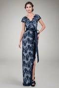 Cap Sleeve Lace Gown in Navy / Silver