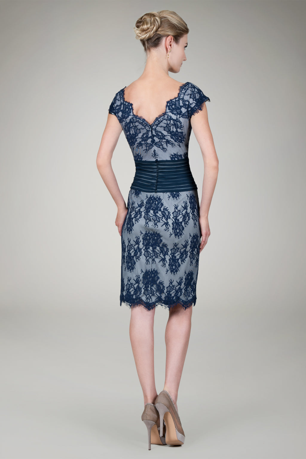 Lace V-Neck Cocktail Dress in Navy / Silver