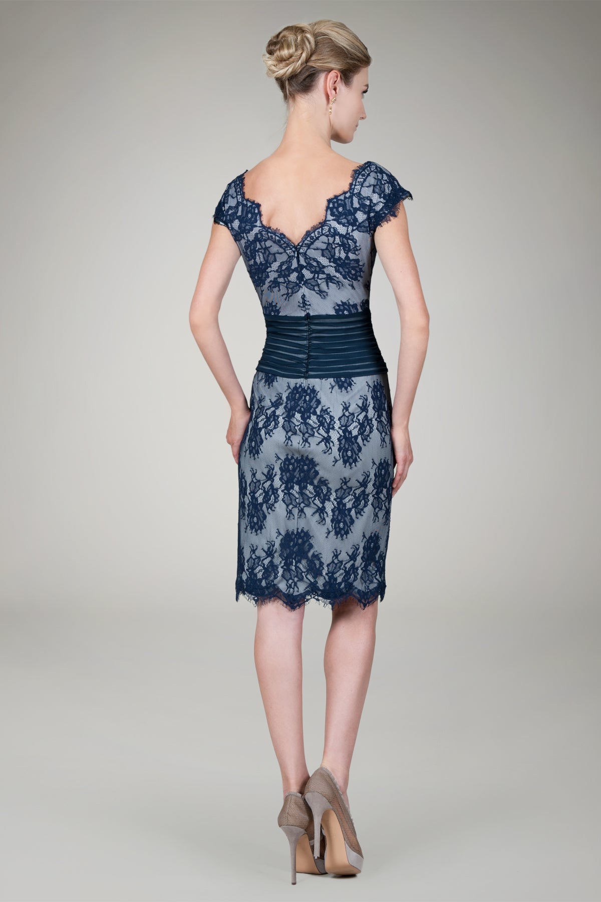 Lace V-Neck Cocktail Dress in Navy / Silver
