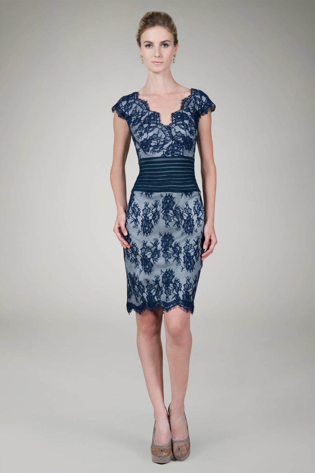 Lace V-Neck Cocktail Dress in Navy / Silver