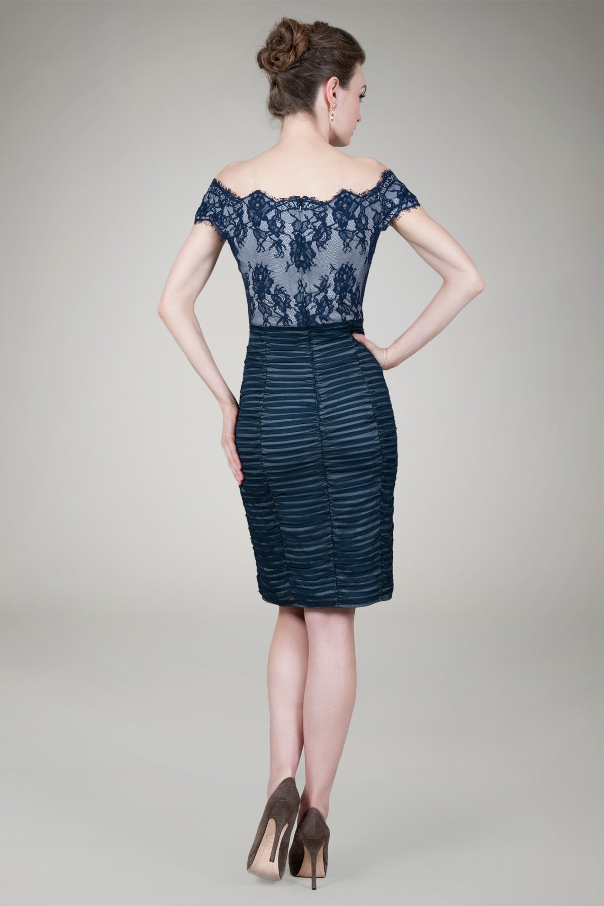 Lace Off Shoulder Cocktail Dress in Navy / Silver