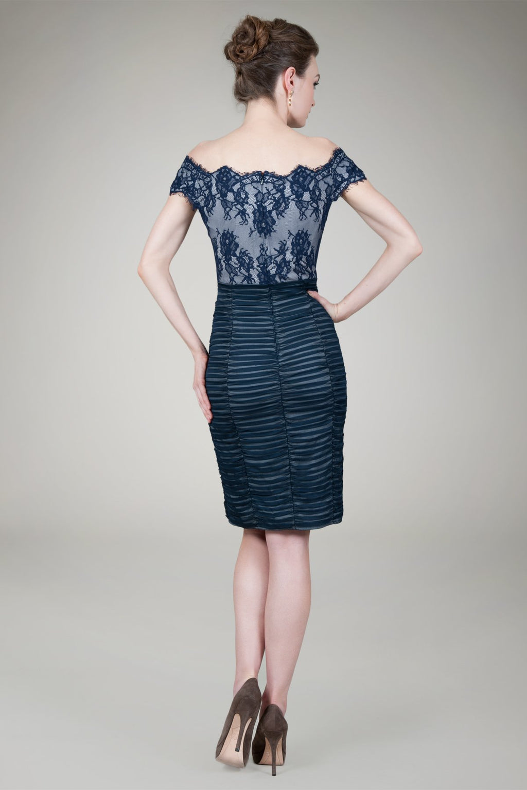 Lace Off Shoulder Cocktail Dress in Navy / Silver
