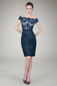 Lace Off Shoulder Cocktail Dress in Navy / Silver