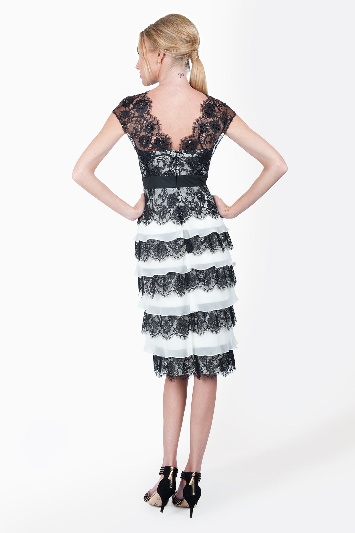 Silk Georgette and Embellished Scalloped Lace Tiered Cap Sleeve Dress in Ivory / Black
