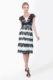Silk Georgette and Embellished Scalloped Lace Tiered Cap Sleeve Dress in Ivory / Black