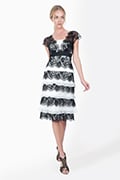 Silk Georgette and Embellished Scalloped Lace Tiered Cap Sleeve Dress in Ivory / Black