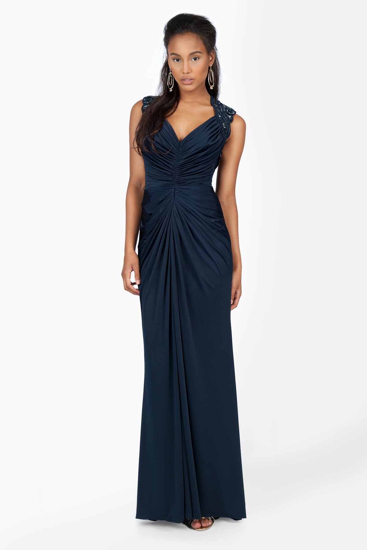 Jersey Ruched V-Neck Gown in Navy