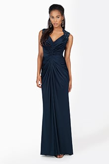 Jersey Ruched V-Neck Gown in Navy