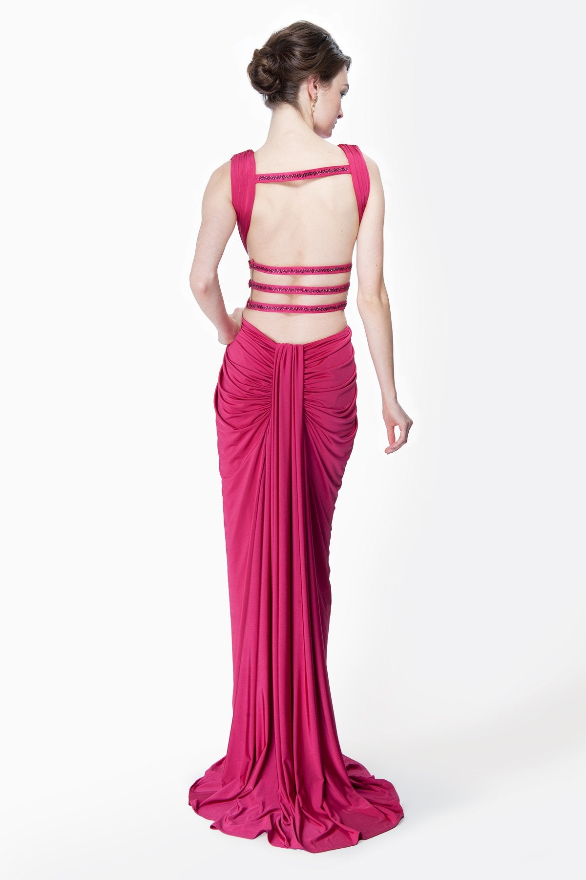 Draped Jersey V-Neck Gown in Flamingo