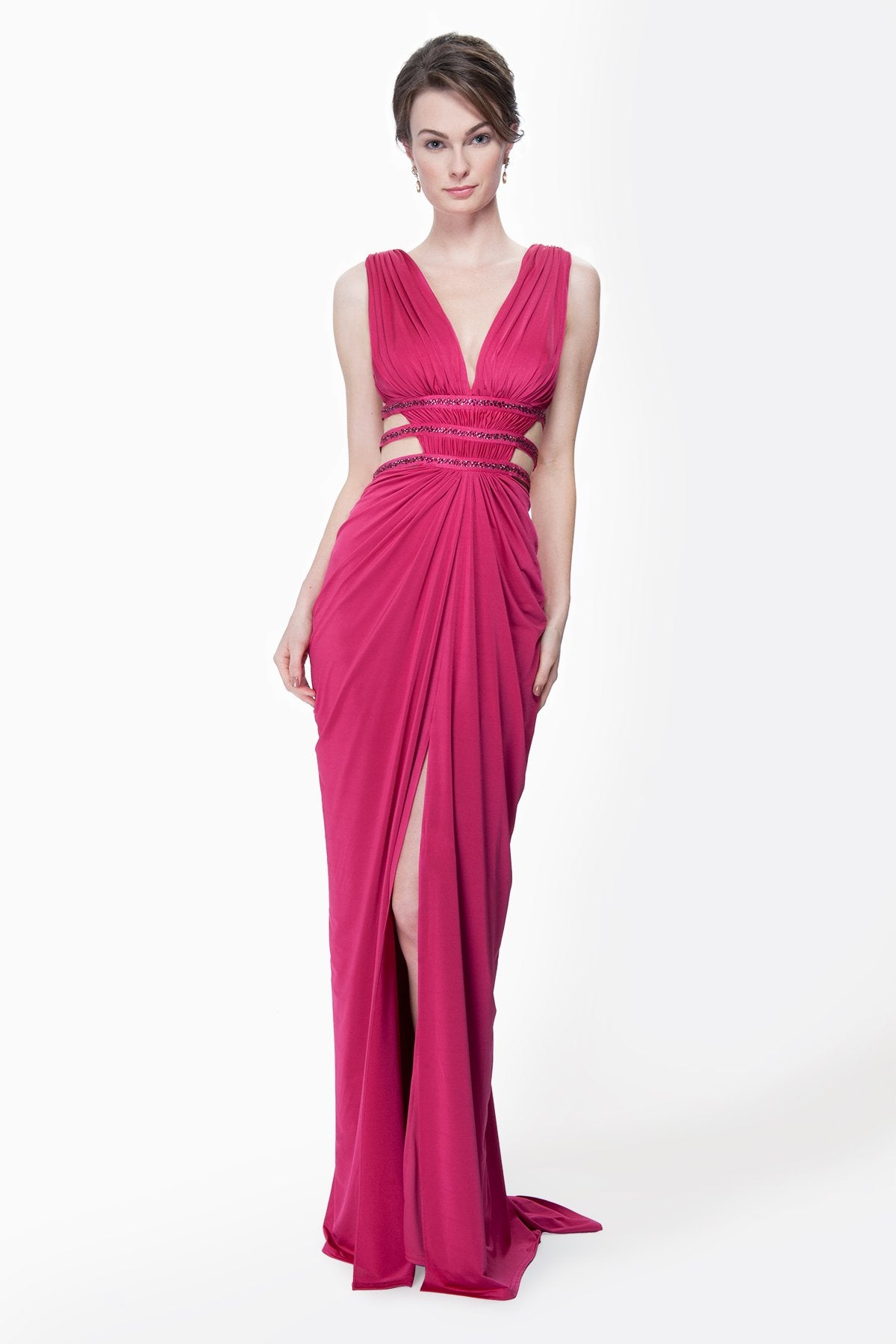 Draped Jersey V-Neck Gown in Flamingo