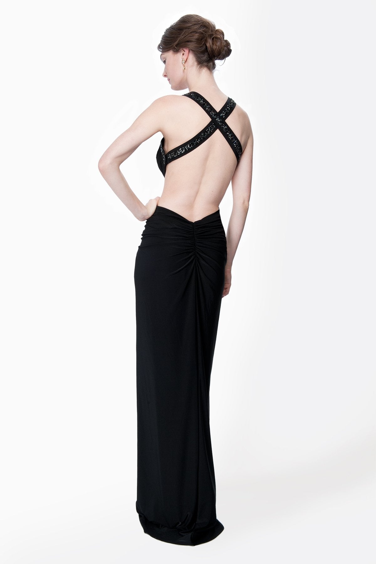 Twist Front Draped Jersey Gown in Black