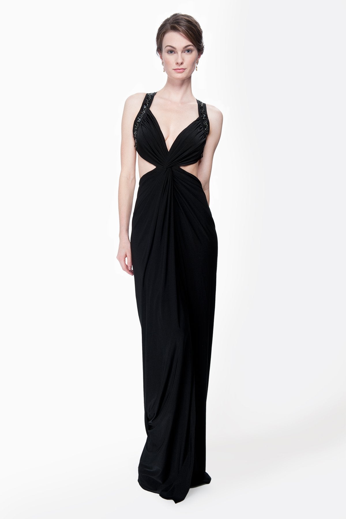 Twist Front Draped Jersey Gown in Black
