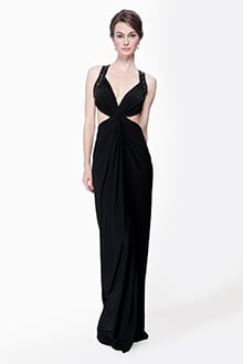 Twist Front Draped Jersey Gown in Black