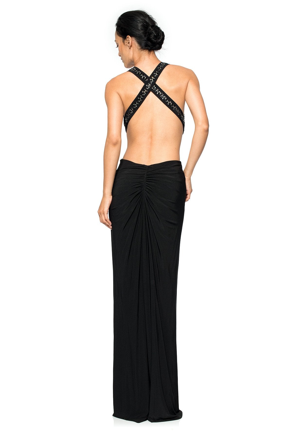 Twist Front Draped Jersey Gown in Black