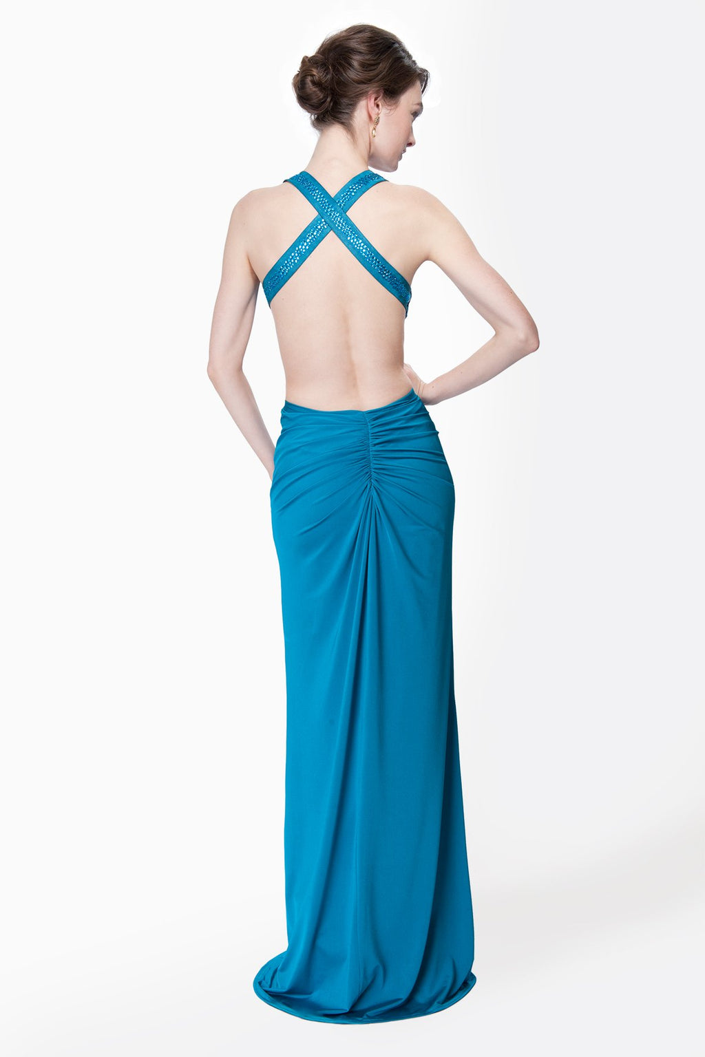 Twist Front Draped Jersey Gown in Peacock