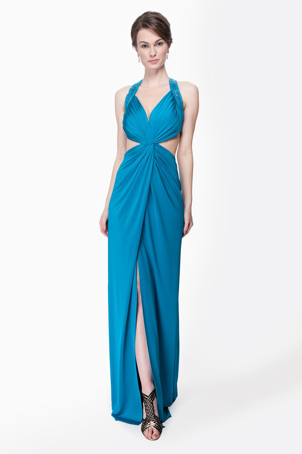 Twist Front Draped Jersey Gown in Peacock