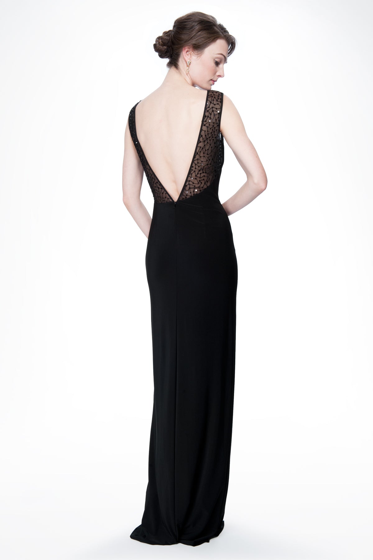 Sequin and Jersey Side Slit Gown in Black