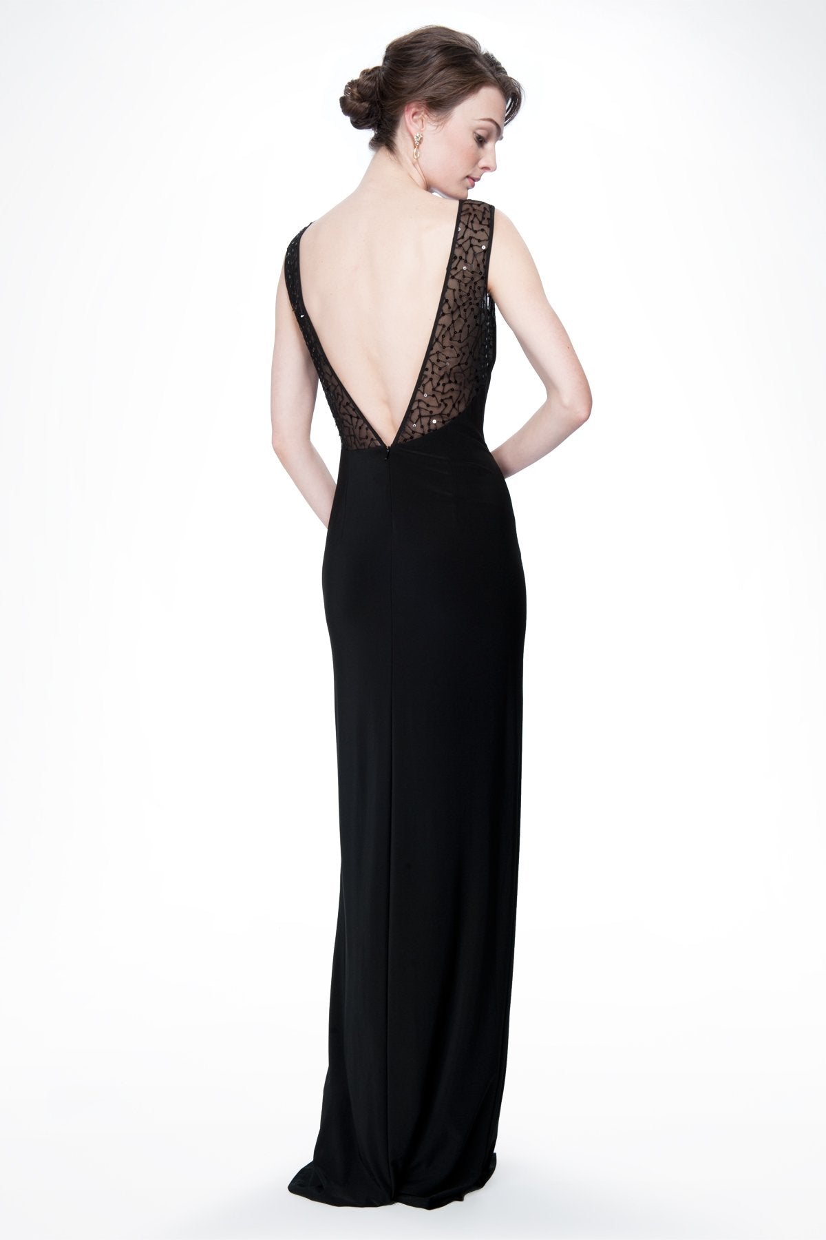 Sequin and Jersey Side Slit Gown in Black
