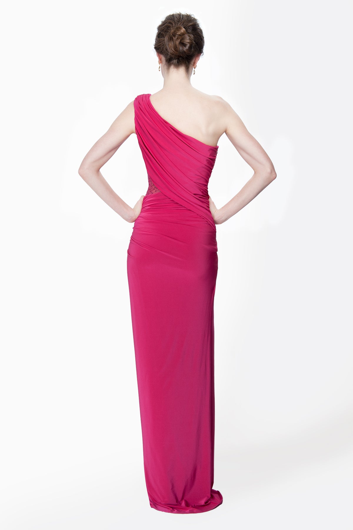One Shoulder Draped Jersey and Sequin Gown in Hot Pink