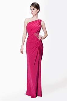 One Shoulder Draped Jersey and Sequin Gown in Hot Pink