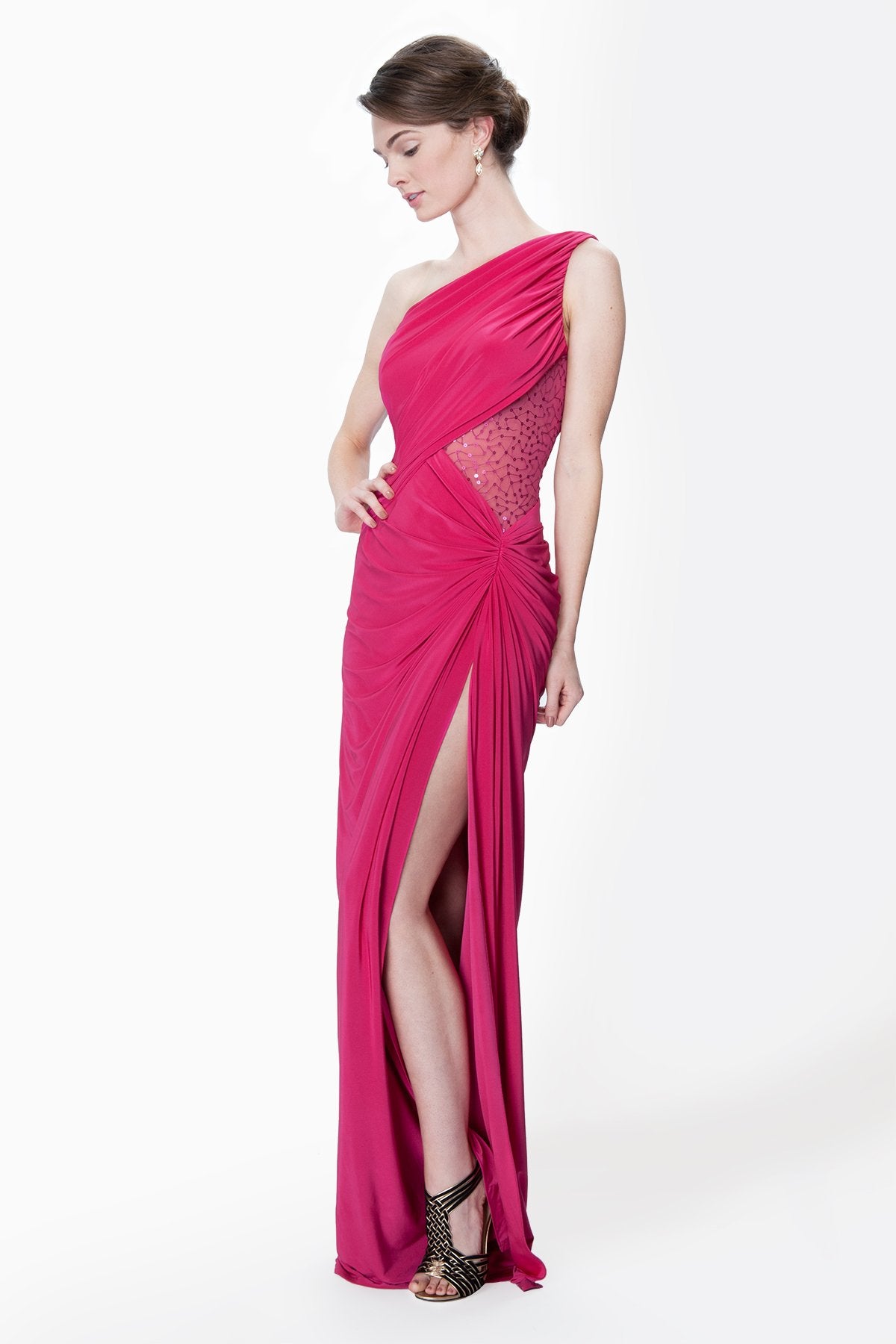 One Shoulder Draped Jersey and Sequin Gown in Hot Pink